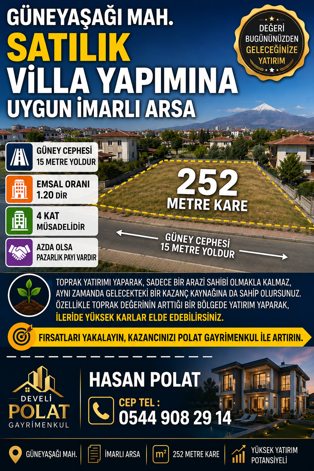 POLAT GAYRİMENKUL - GÜNEYAŞAĞI MAH. SATILIK VİLLA YAPIMINA UYGUN İMARLI ARSA