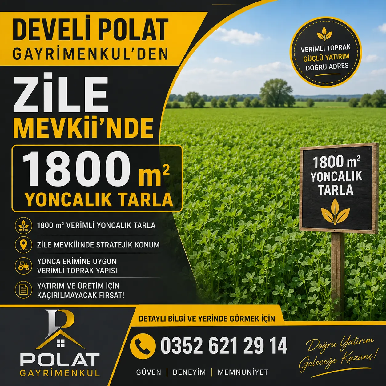 POLAT GAYRİMENKUL - ZİLE MEVKİİNDE SATILIK 1.800 m² YONCALIK TARLA!!!