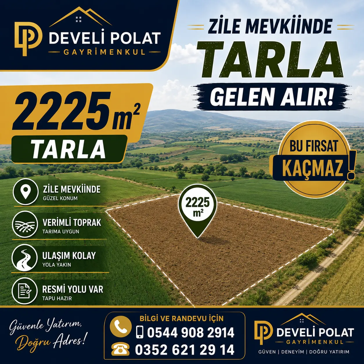 POLAT GAYRİMENKUL - ZİLE MEVKİİNDE SATILIK 2.225 m² TARLA