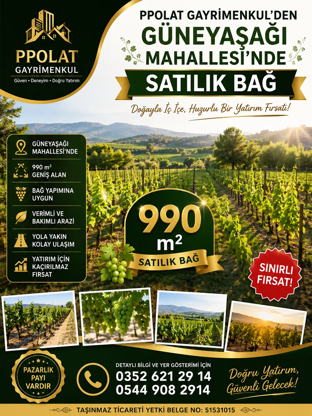 POLAT GAYRİMENKUL - GÜNEYAŞAĞI MAHALLESİ'NDE SATILIK 990 m² BAĞ!