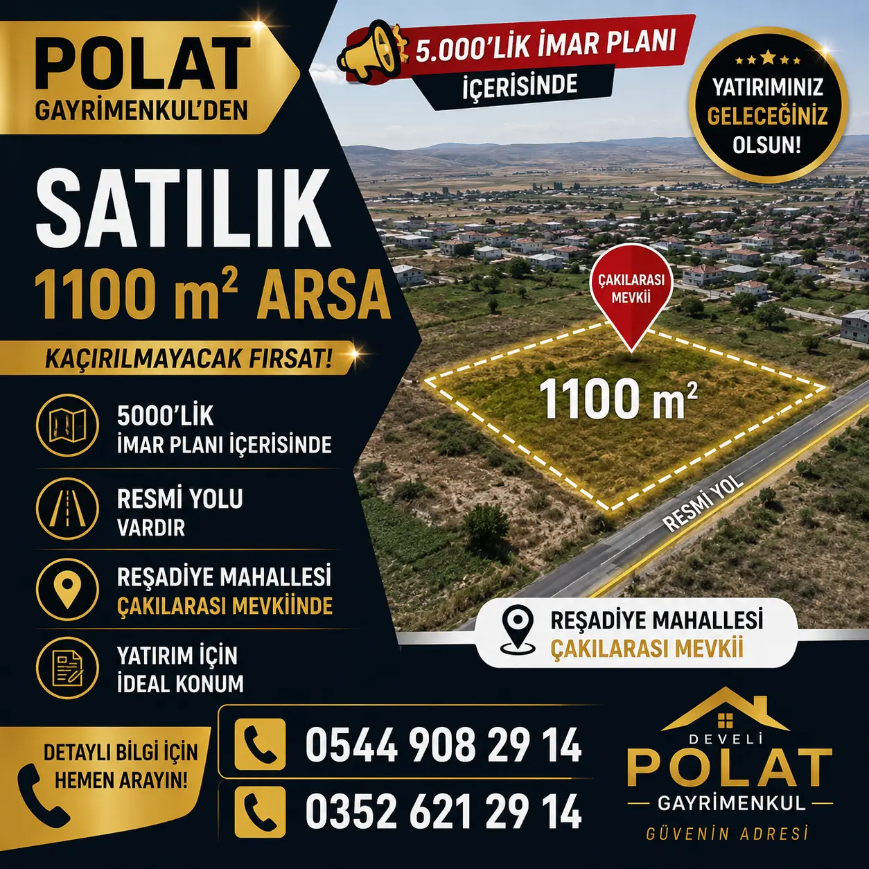 POLAT GAYRİMENKUL - 📍 REŞADİYE MAHALLESİ ÇAKILARASI MEVKİİ'NDE SATILIK 1.100 m² ARSA