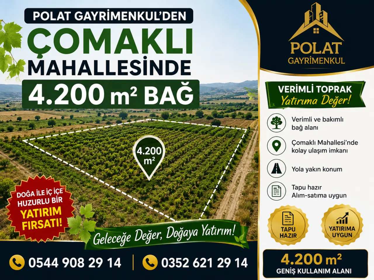 POLAT GAYRİMENKUL - ÇOMAKLI MAHALLESİ'NDE SATILIK 4.200 m² BAĞ 🌿