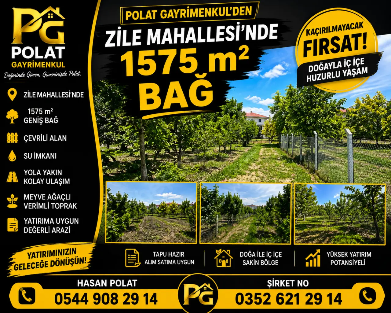 POLAT GAYRİMENKUL -  ZİLE MAHALLESİ’NDE 1.575 m² SATILIK BAĞ