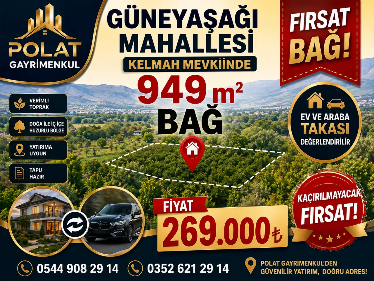 POLAT GAYRİMENKUL -  GÜNEYAŞAĞI MAHALLESİ KELMAH MEVKİİNDE 949 m² SATILIK BAĞ