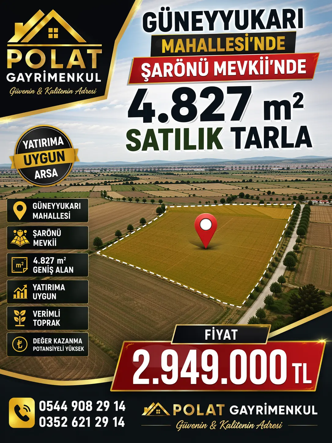 POLAT GAYRİMENKUL -  GÜNEYYUKARI MAHALLESİ’NDE 4.827 M² SATILIK TARLA