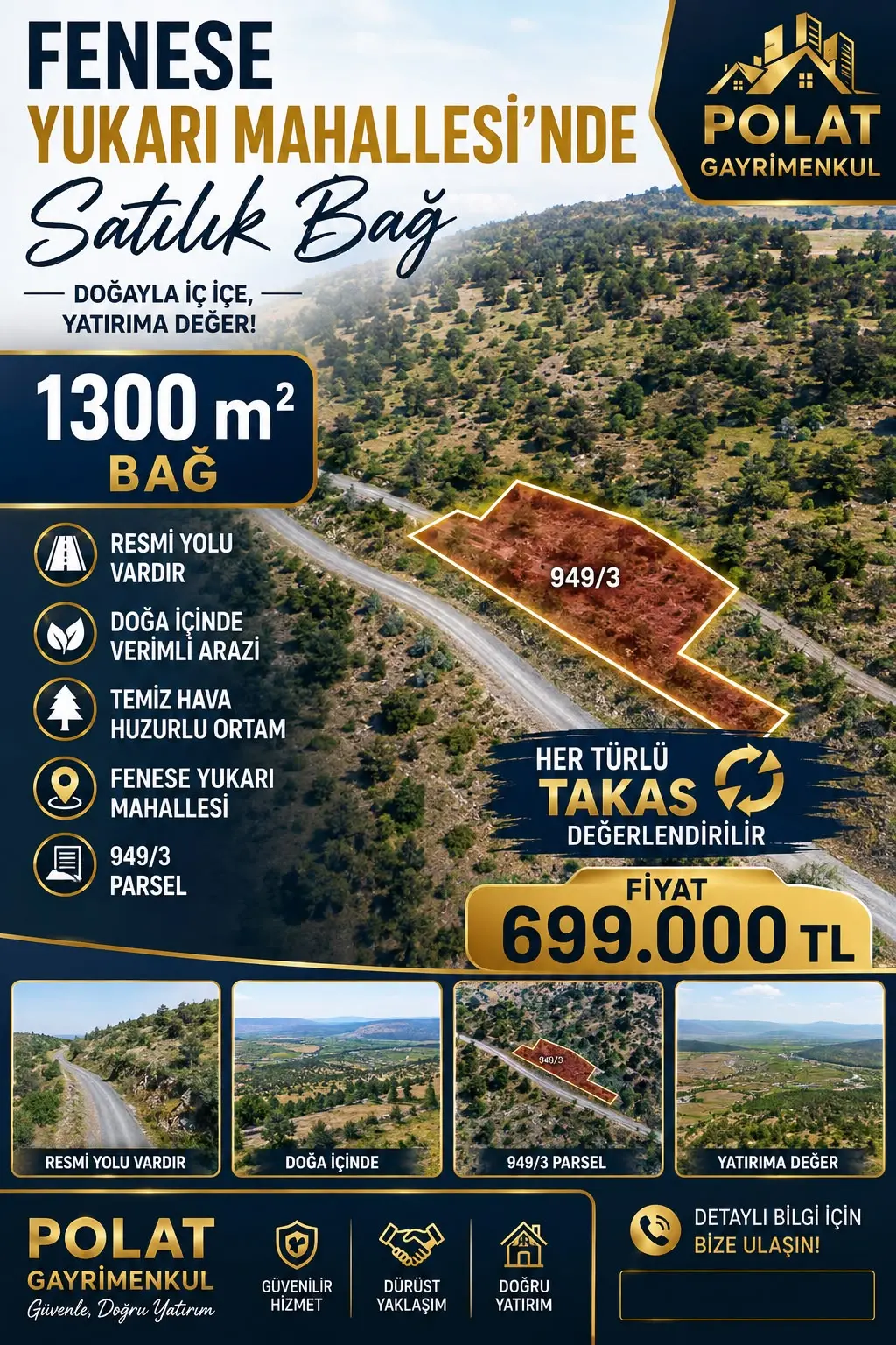 POLAT GAYRİMENKUL -  Fenese Yukarı Mahallesi'nde Satılık 1.300 m² Bağ
