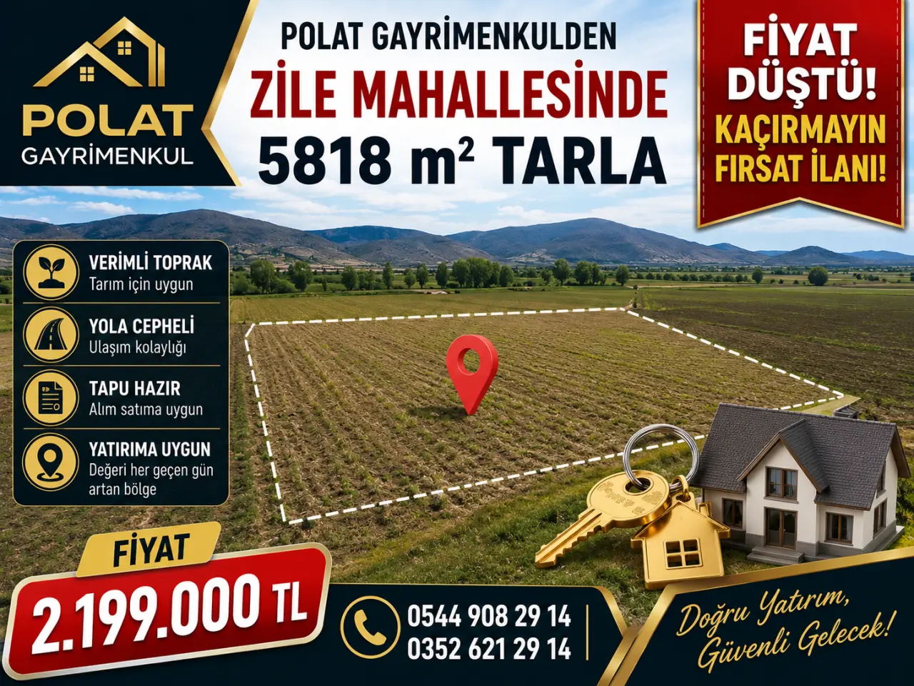 POLAT GAYRİMENKUL - ZİLE MAHALLESİ'NDE 5.818 M² SATILIK TARLA