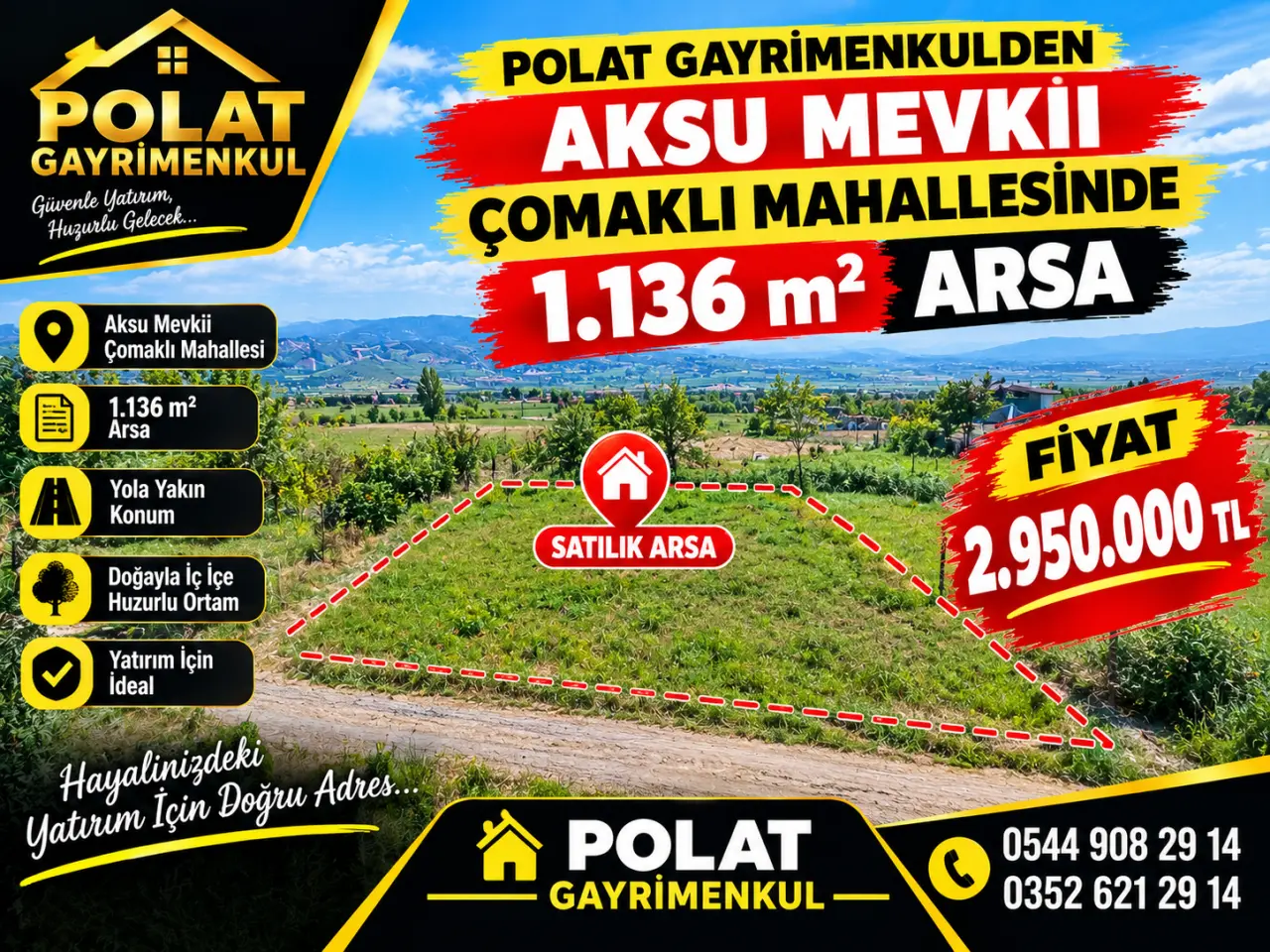 🌿 POLAT GAYRİMENKUL'DEN AKSU MEVKİİNDE SATILIK 1.136 m² ARSA