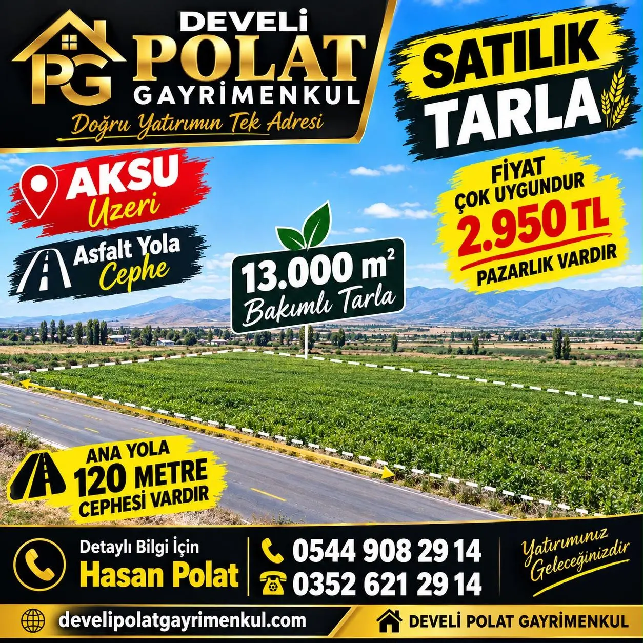🌾 **POLAT GAYRİMENKUL’DEN AKSU’DA SATILIK 13.000 M² BAKIMLI TARLA!** 🌾