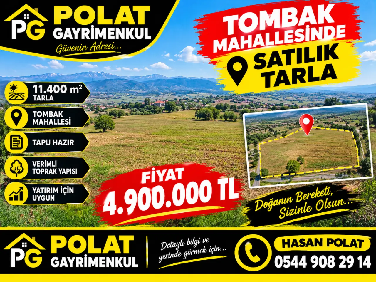 POLAT GAYRİMENKUL -  TOMBAK MAHALLESİ’NDE SATILIK 11.400 M² TARLA**