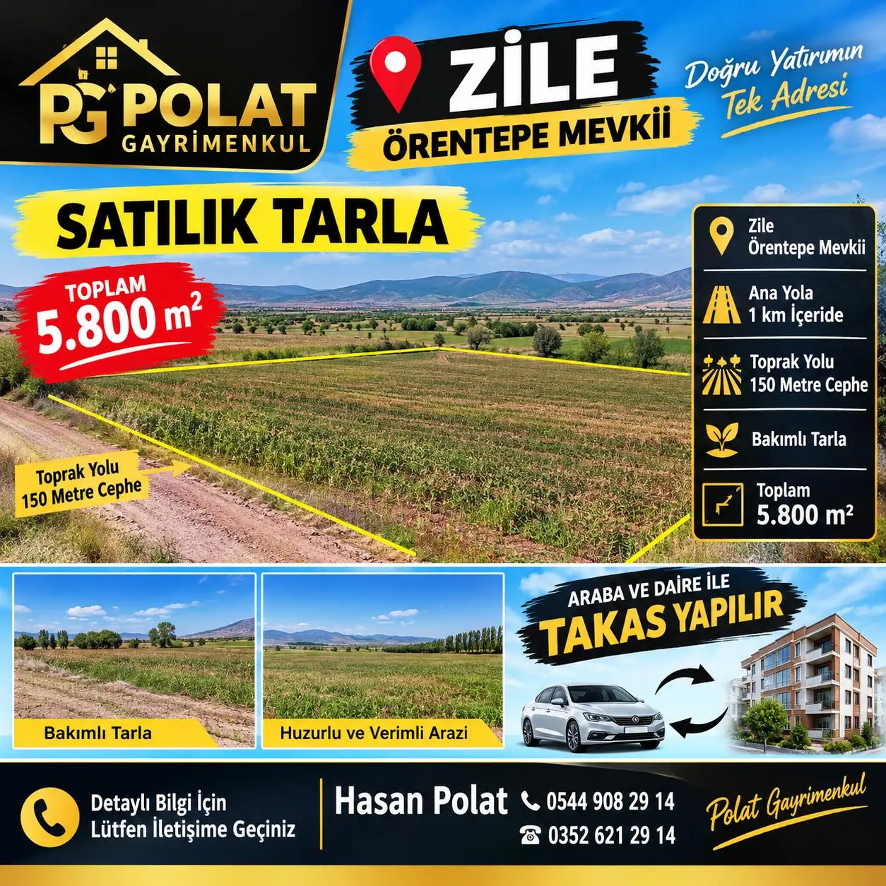 POLAT GAYRİMENKUL -  ZİLE ÖRENTEPE MEVKİİ’NDE SATILIK TARLA**